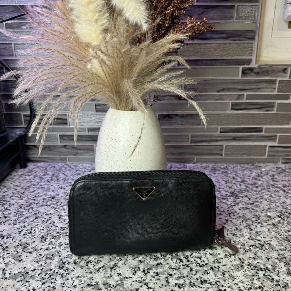 Prada | Black Zip Around Wallet Saffiano Leather Long